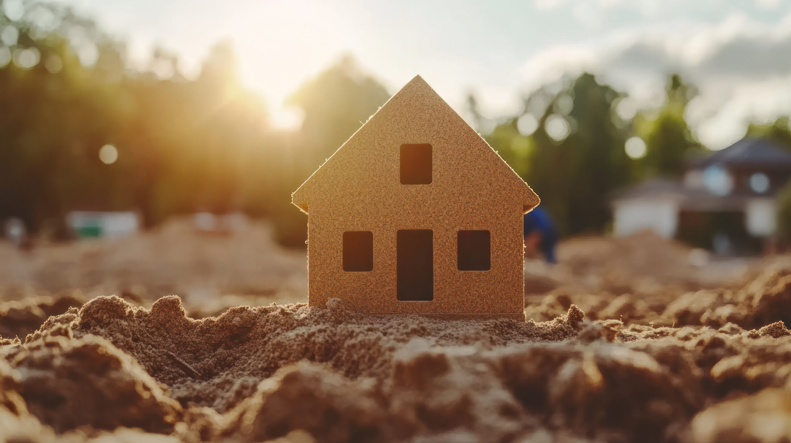 Model house sits on sandy ground with sunlight creating a warm glow and construction activity behind